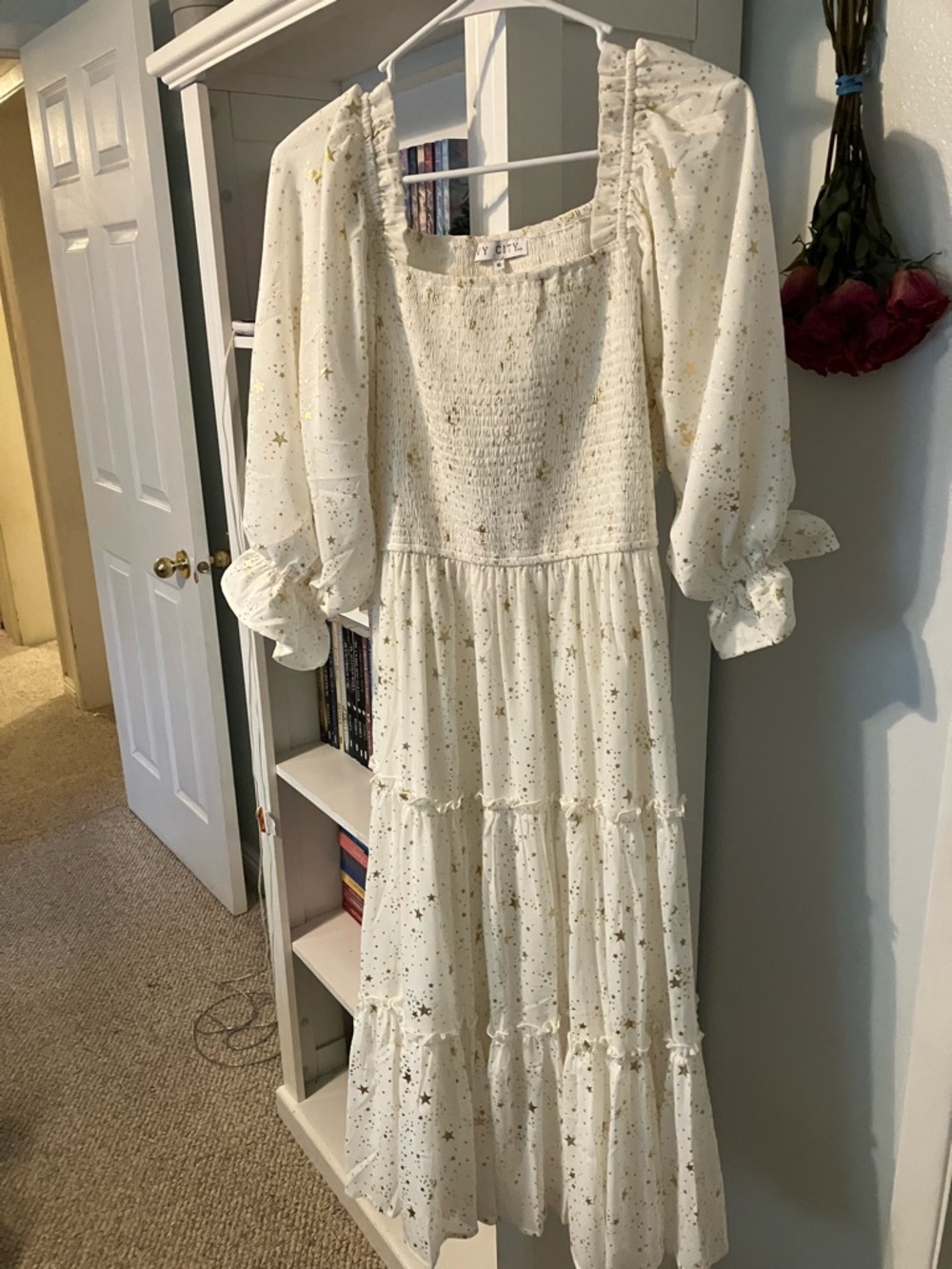 Ivy City Co Starry Night White Midi Dress with Gold Star Print